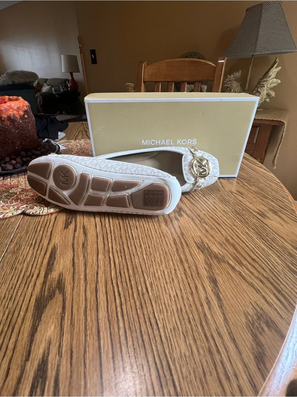Michael Kors Cream Logo-Print Ballet Loafers with Gold MK Hardware
